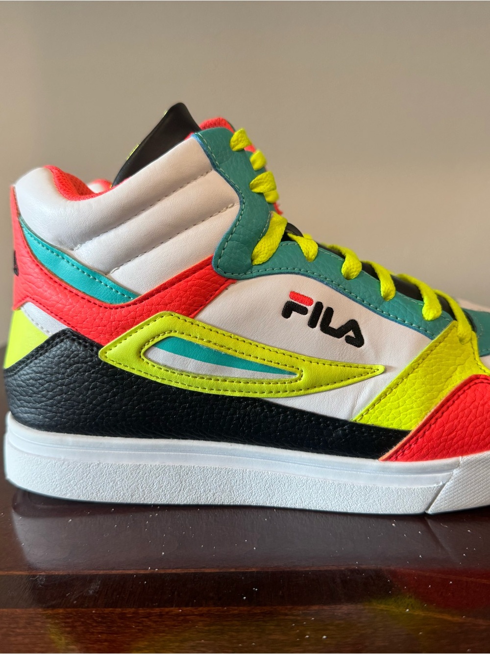 FILA Men’s High-Top Sneakers in White, Black, Neon Yellow, Teal, Coral